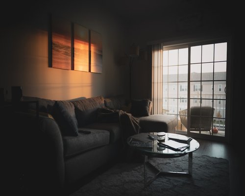 Cozy evening living room setup with warm soft lighting